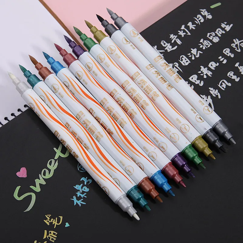 10 Colors/Set Fine Point Brush Metallic Marker Pens Double Tip Markers for Black Paper, Calligraphy Art Pen Painting Drawing