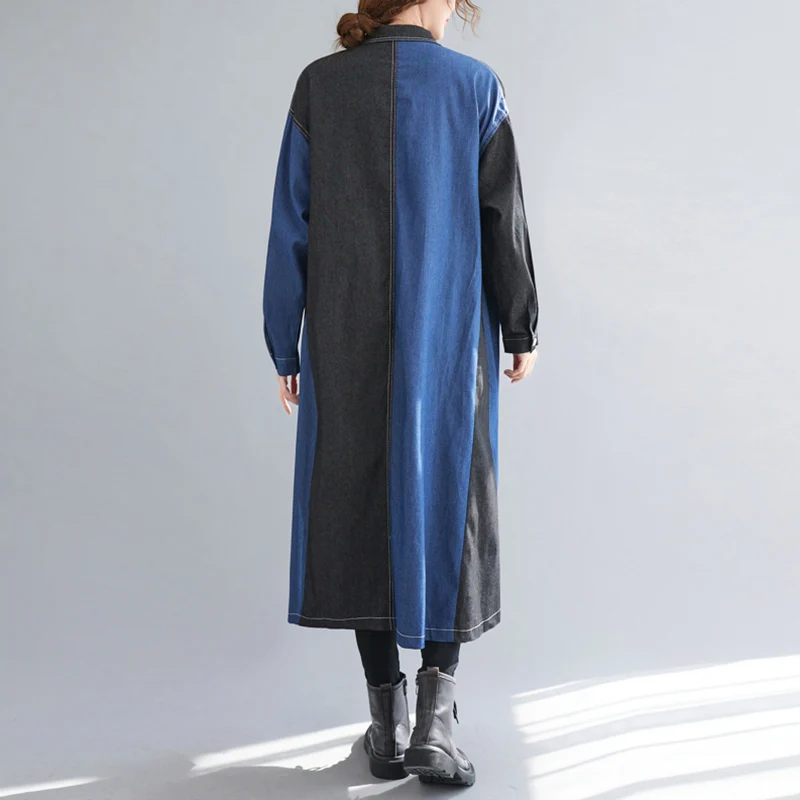 Cor blo waed denim irt dr longo sve colarinho saia evasê para mulheres plus size outono commute sle thiened