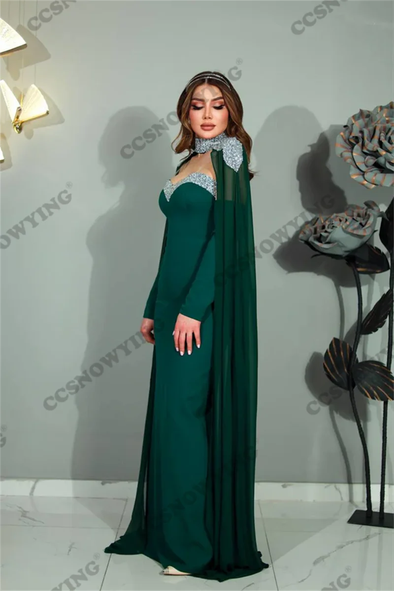 

With Cape Appliques Beaded Muslim Evening Dresses Strapless Long Sleeve Islamic Formal Party Gowns Women Arabic Robes De Soirée