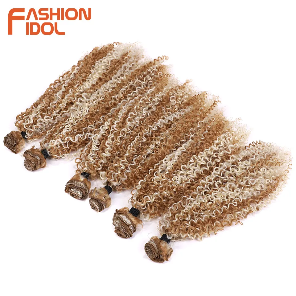 FASHION IDOL Afro Kinky Curly Hair Extensions 12-14 inches 6PCS 260g Synthetic Hair Bundles Blonde Weave Fake Hair