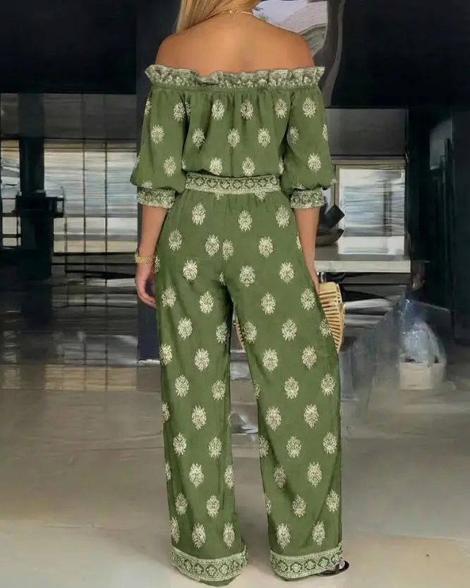 

2026 New Arrival Off-The-Shoulder Short-Sleeved Top and High-Waisted Stretch Wide-Leg Pants 2-Piece Set