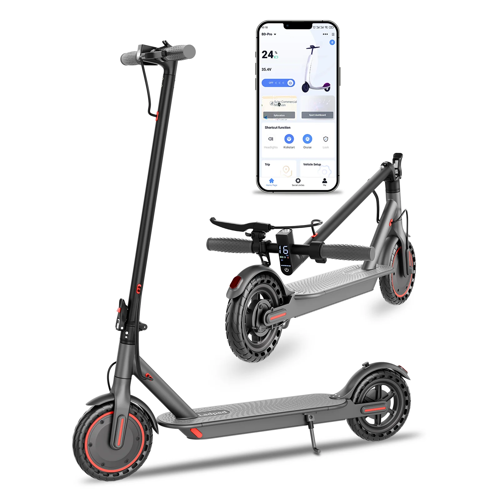20026 HEZZO HS‑04PRO Adult Folding Electric Scooter 350W 36V 10.5Ah APP Control 19 Miles 19MPH Commuter E‑Scooter