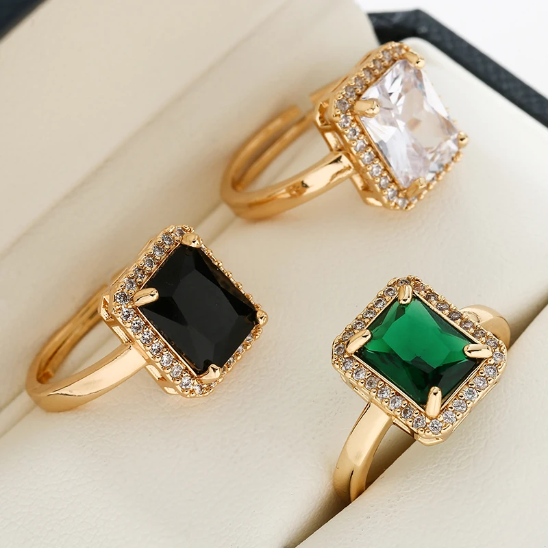 Elegant Emerald Ring for Women Adjustable Luxury Gold Color Inlaid Square Green Zircon Rings Fashion Vintage Aesthetic Jewelry