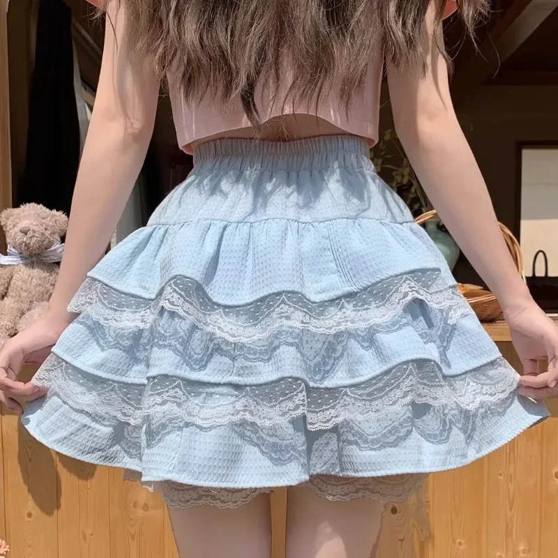 NONSAR Japanese Sweet Lolita Blue Yellow A-Line Mini Skirt Women's Spring Summer High Waist Kawaii Ruffles Lace Cake Skirts