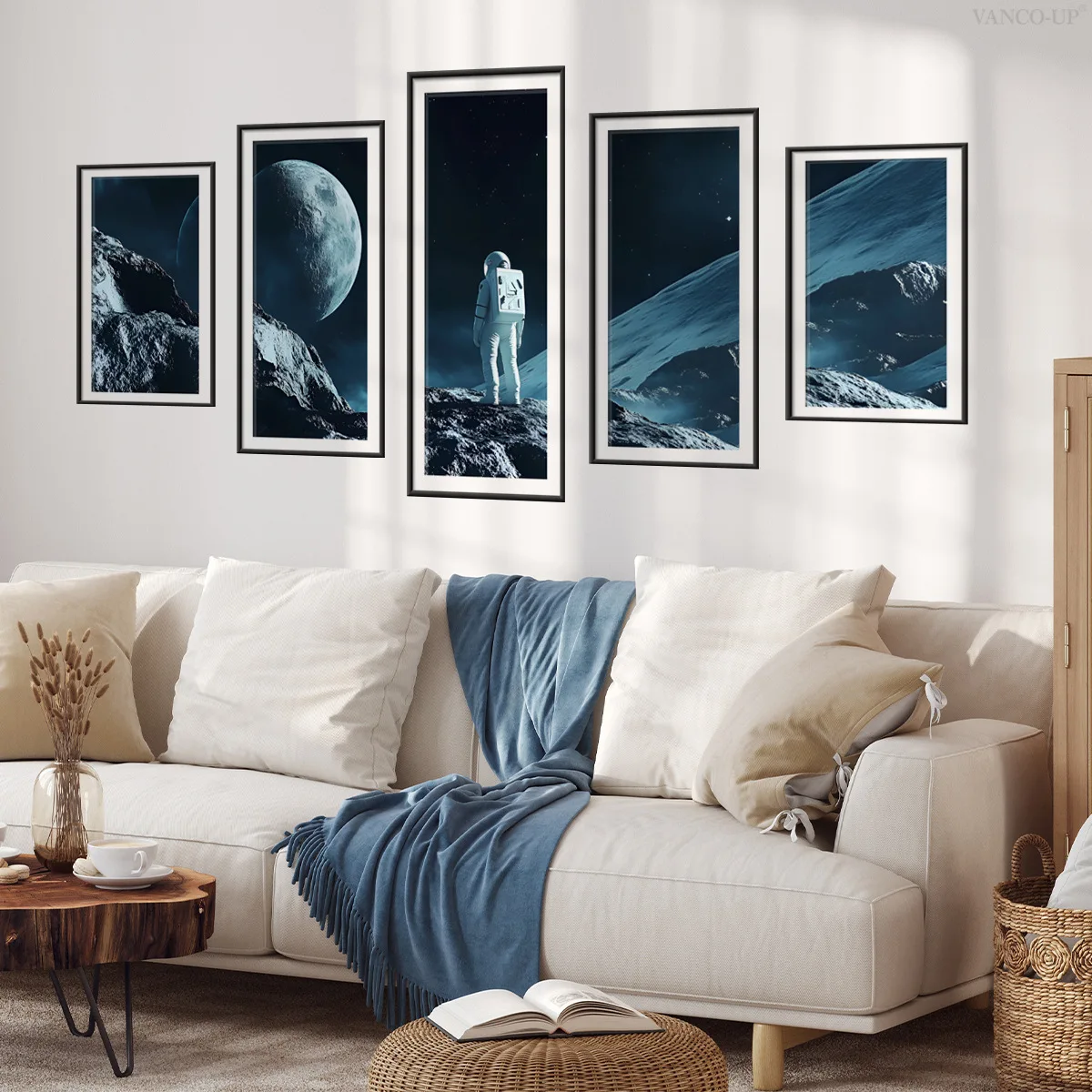 Astronaut Photo Frame Wall Decals - 5-Panel Space Themed Canvas Art for Living Room & Bedroom