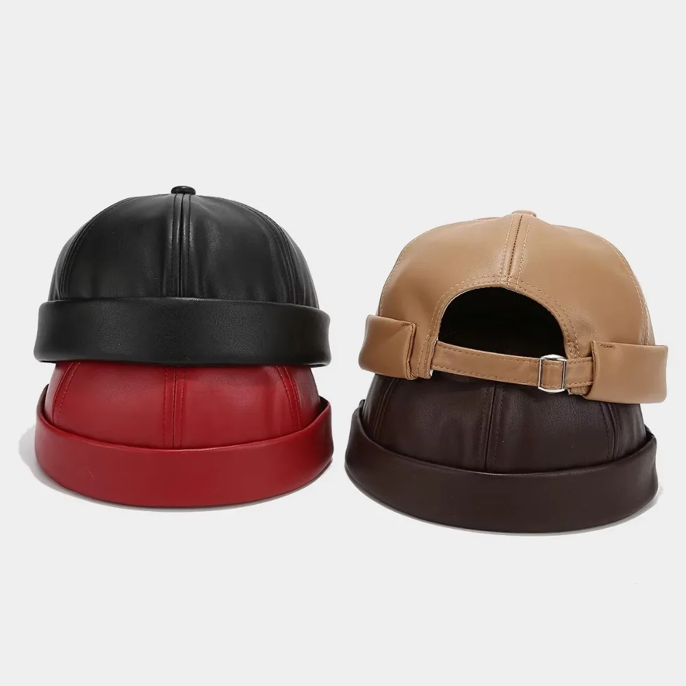 New Casual Autumn Winter Brimless Hat Women Men Retro Solid Color Landlord Hat Adjustable PU Leather Melon Skin Caps Docker Cap