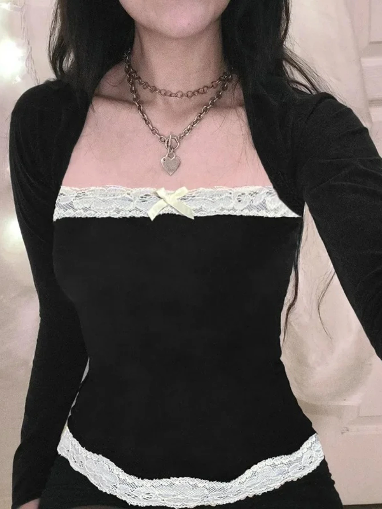 

Женские весенне-осенние топы с кружевной отделкой и квадратным вырезом, с длинным рукавом, облегающая блузка, готические рубашки в стиле гранж