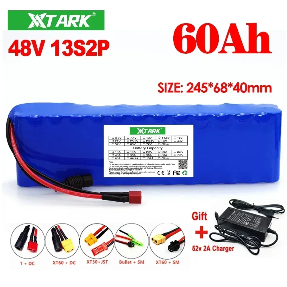 48V 60Ah 18650 Lithium Battery Pack 13S2P 1000W High Power Battery for 54.6V 250W 350W 500W 750W ebike Motor Kit With Charger