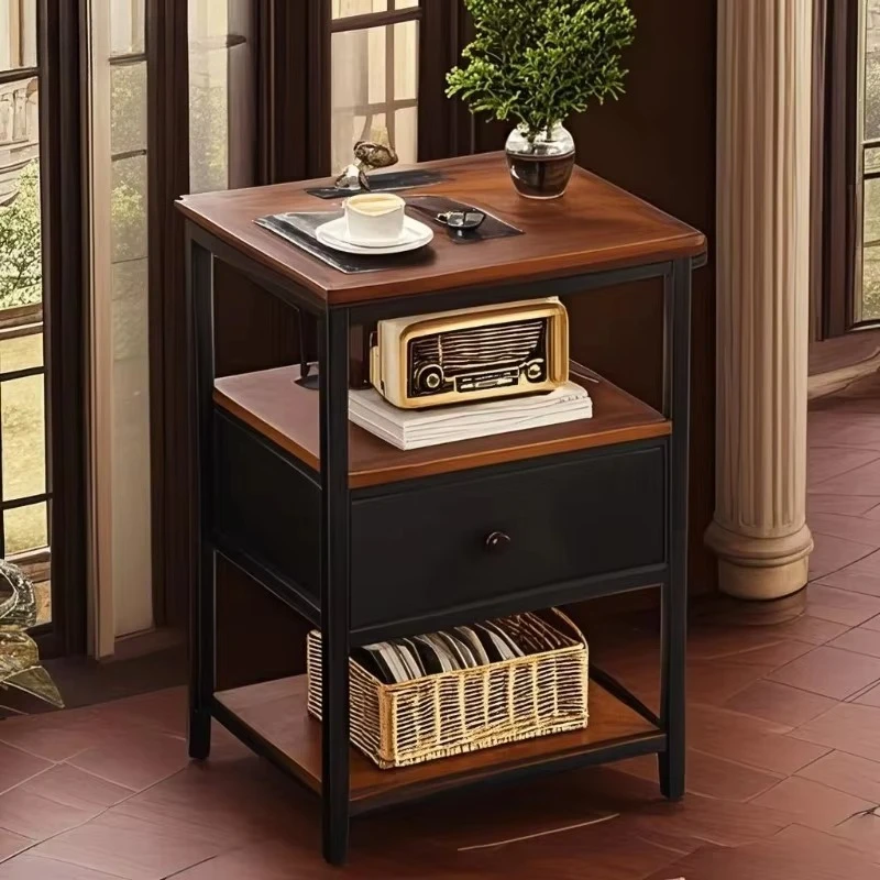 Sofa Side Table With Drawers, Modern Wooden Metal Console Coffee Table for Living Room Home Decor Furniture