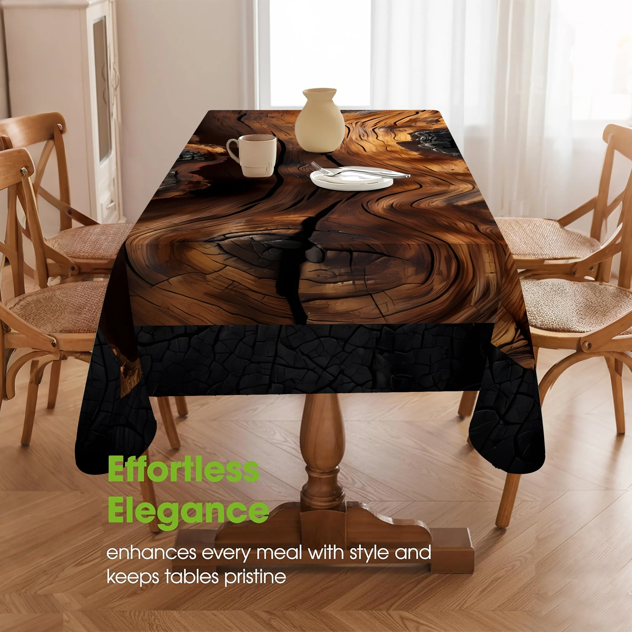 1 piece of summer industrial retro-style imitation firewood grain printed tablecloth, with a dark brown-black aged finish.zyc