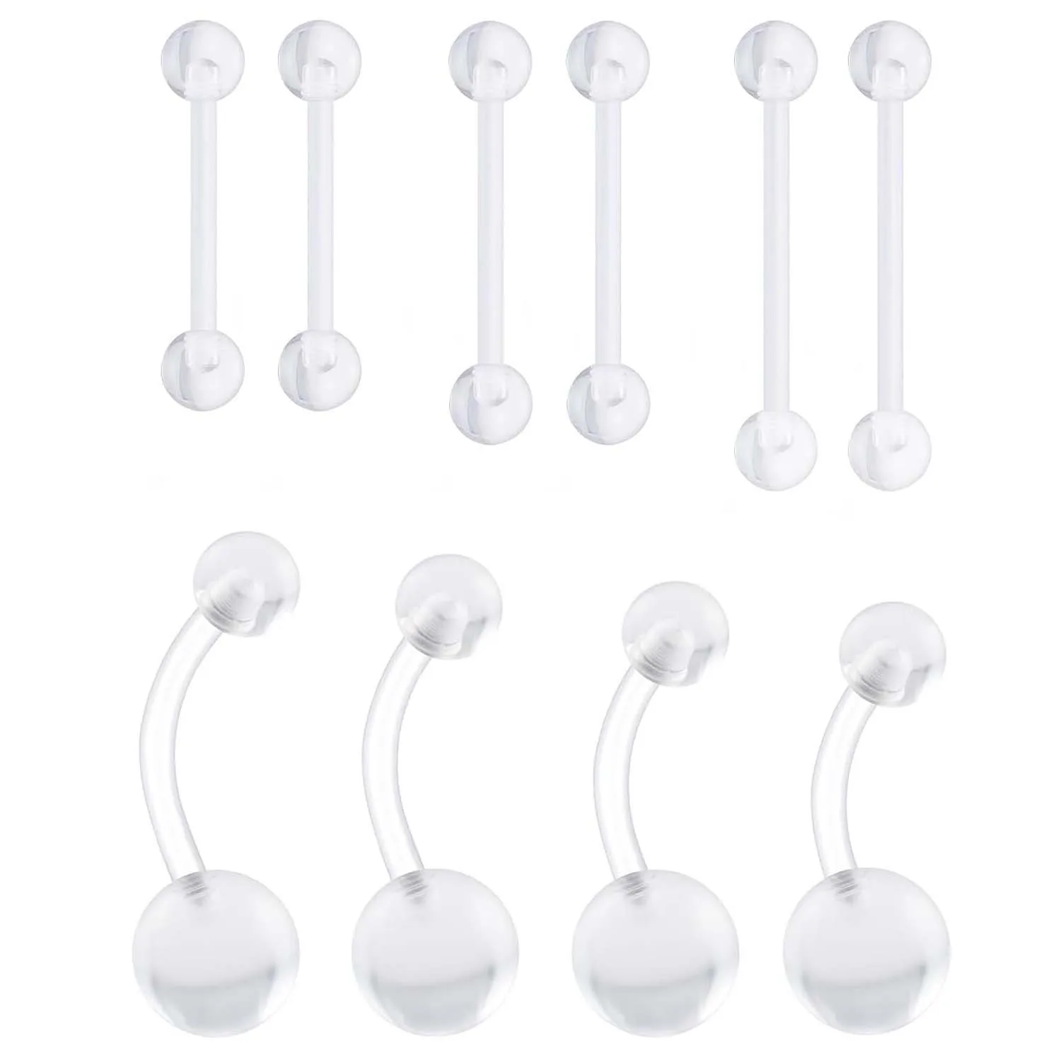 14 g durchsichtige Kunststoff-Bauchnabelringe für Chirurgie, Sport, gebogene Langhantel, lange Nabel-Zungenpiercing-Halterungen, 10 mm, 12 mm, 14 mm, 16 mm