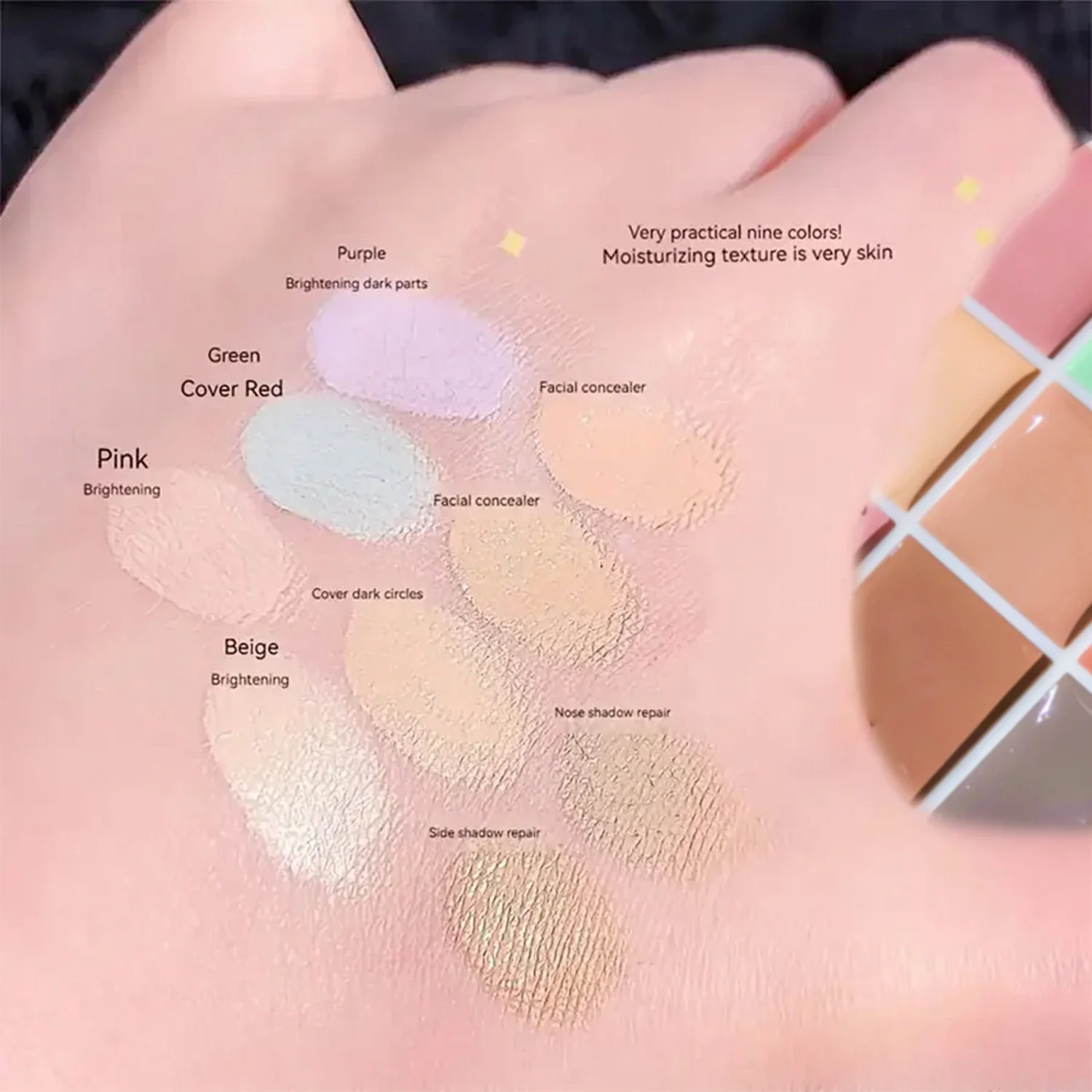 Palette anti-cernes et correctrice de couleurs multicolores, correction des nuances vertes/violetes pour le maquillage du visage, les imperfections et les cernes