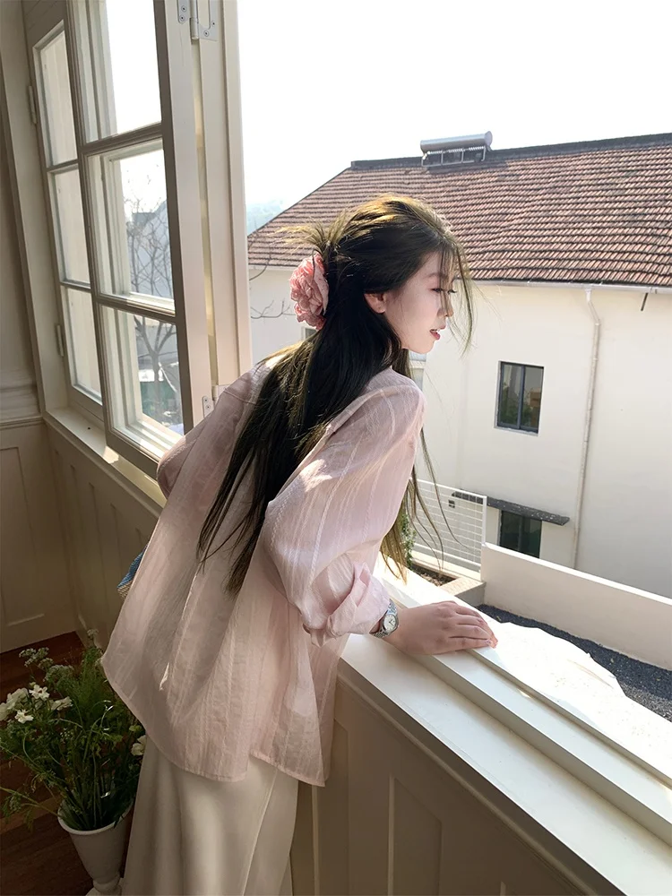 

Pink Lightweight Summer New Style Women's Outerwear UV Protection Stripe Shirt Cardigan Coat Spring Autumn Loose Fit Button D...