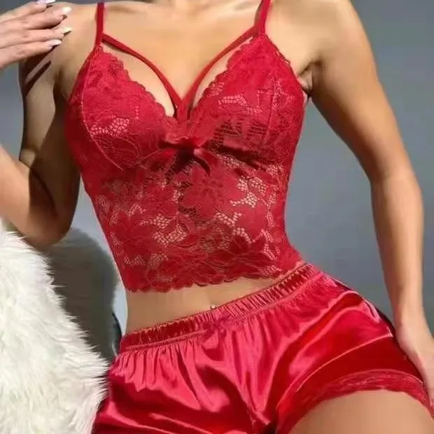 

European and American new suspender lace vest top plus lace shorts 2 piece sets pajama set lace vacation outfits women