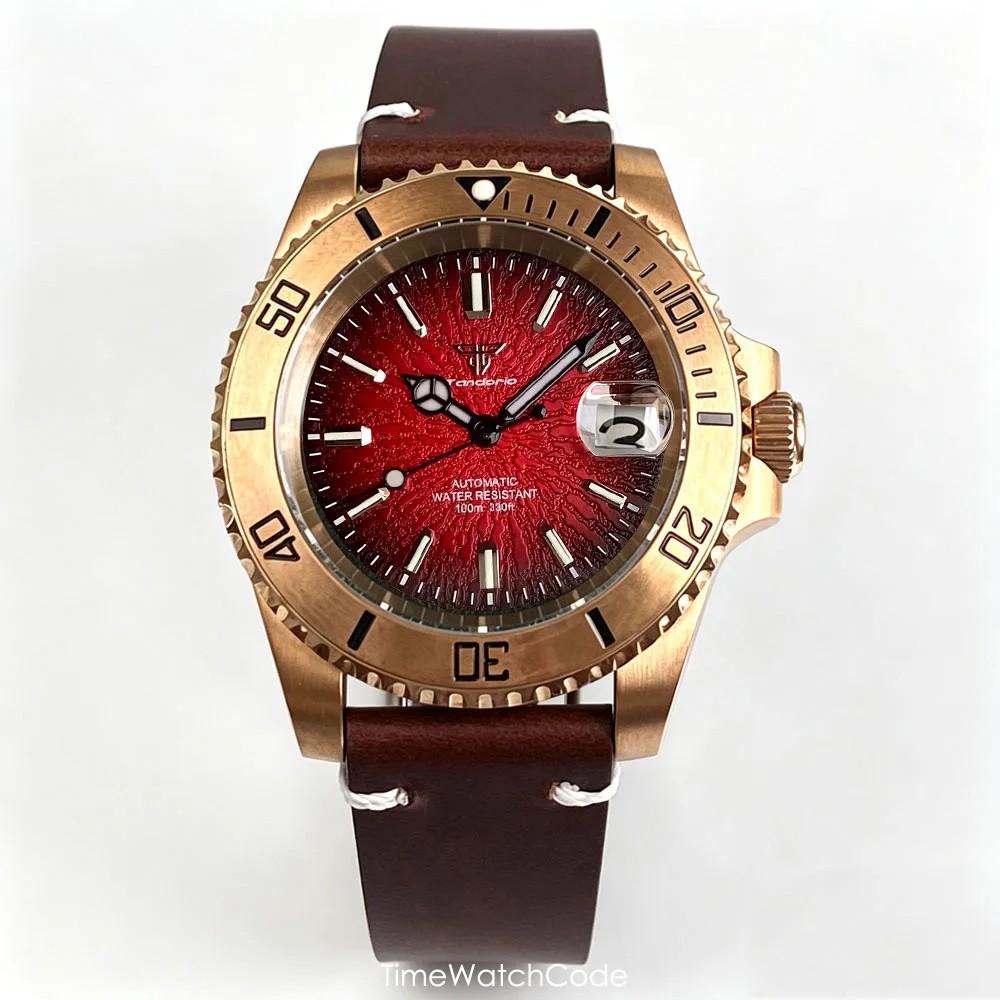 Tandorio CUSN8 Solid Bronze Automatic Men's Watch 40mm Asia2824 MIYOTA8215 Luminous Textured Dial Leather Strap Sapphire Glass