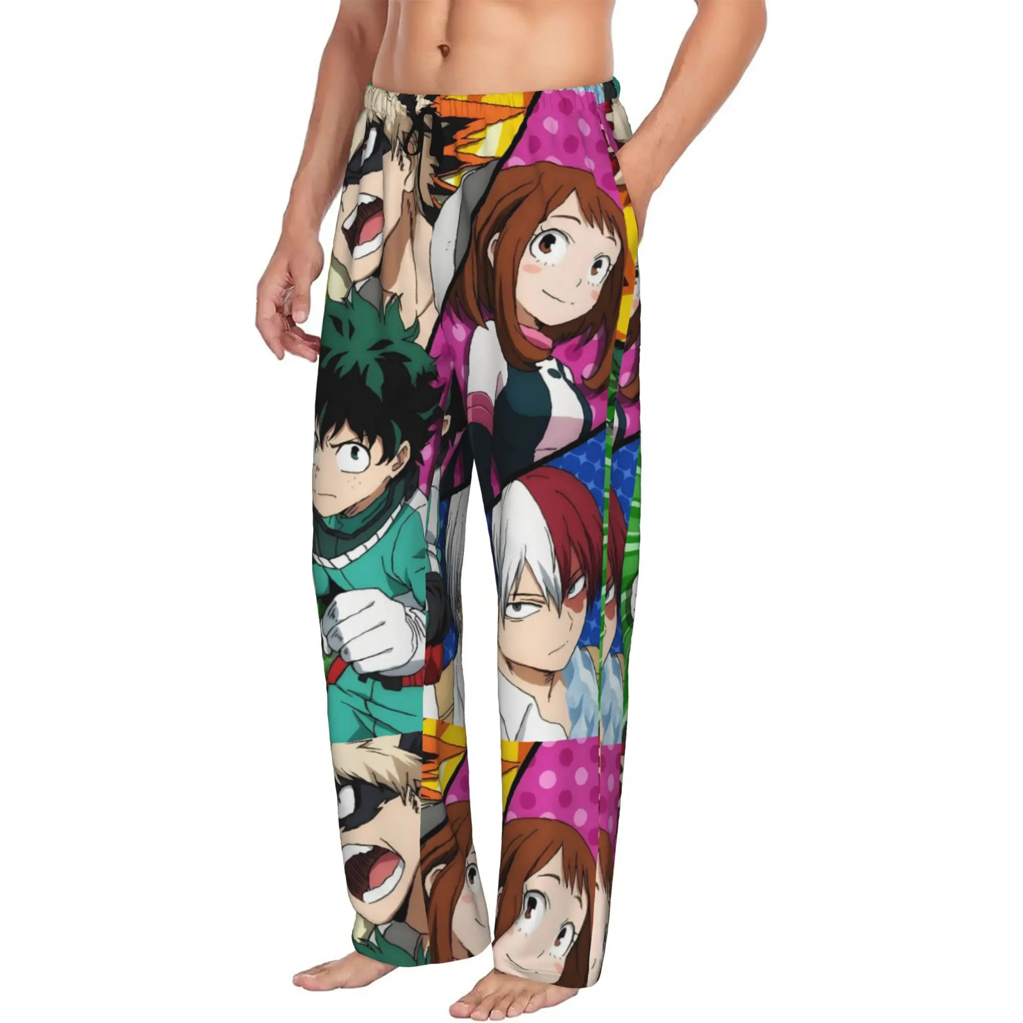 Custom Printed Men's My Hero Academias Pajama Pants Izuku Midoriya Cartoon Sleepwear Sleep Lounge Bottoms with Pockets