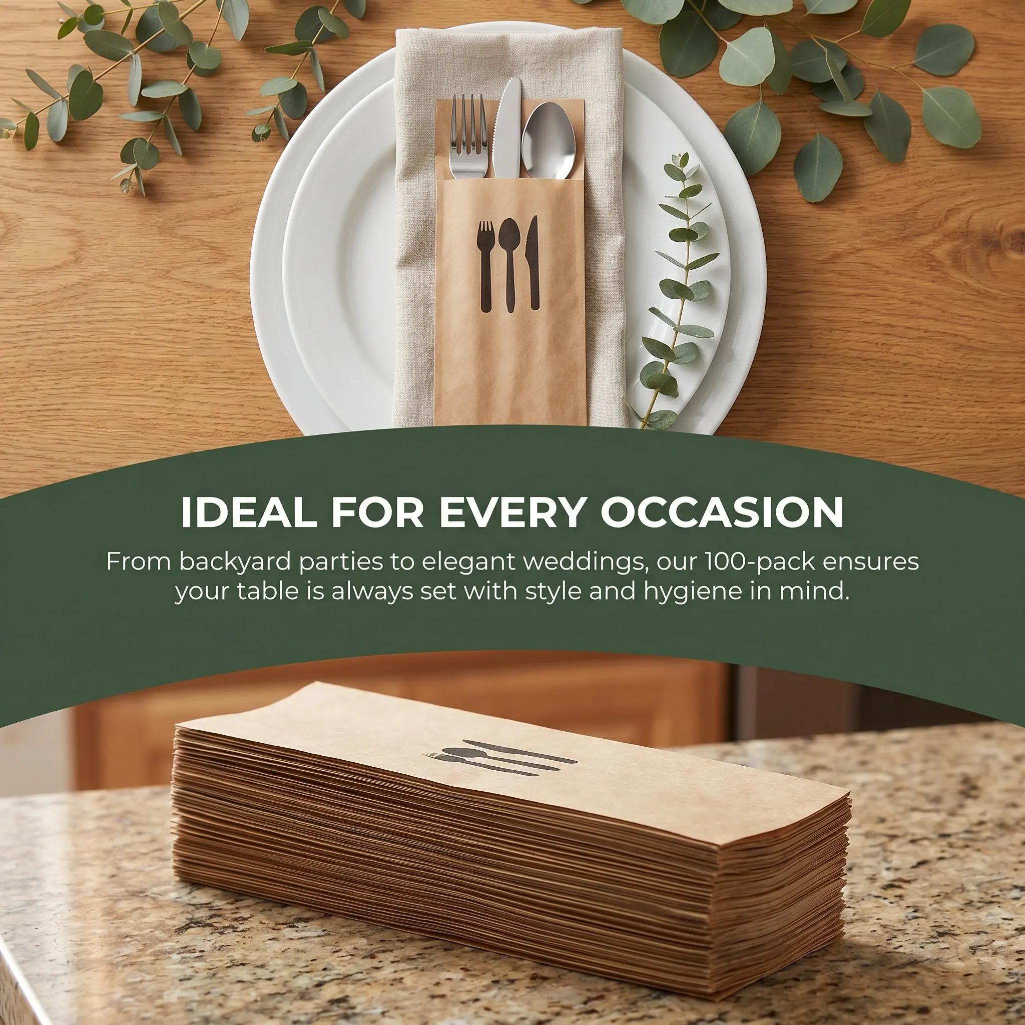 100Pcs Kraft Paper Cutlery Holders Disposable Silverware Covers for Wedding Party Banquet Tableware Bags Paper Cutlery Covers
