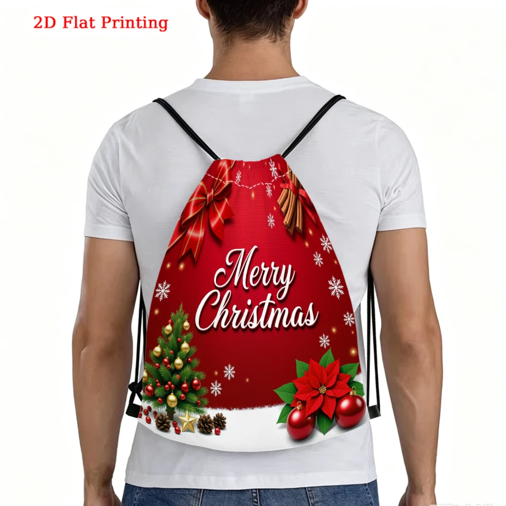 Merry Christmas 2D Flat Print Drawstring Backpack, Fitness Sports Outdoor Travel Bag