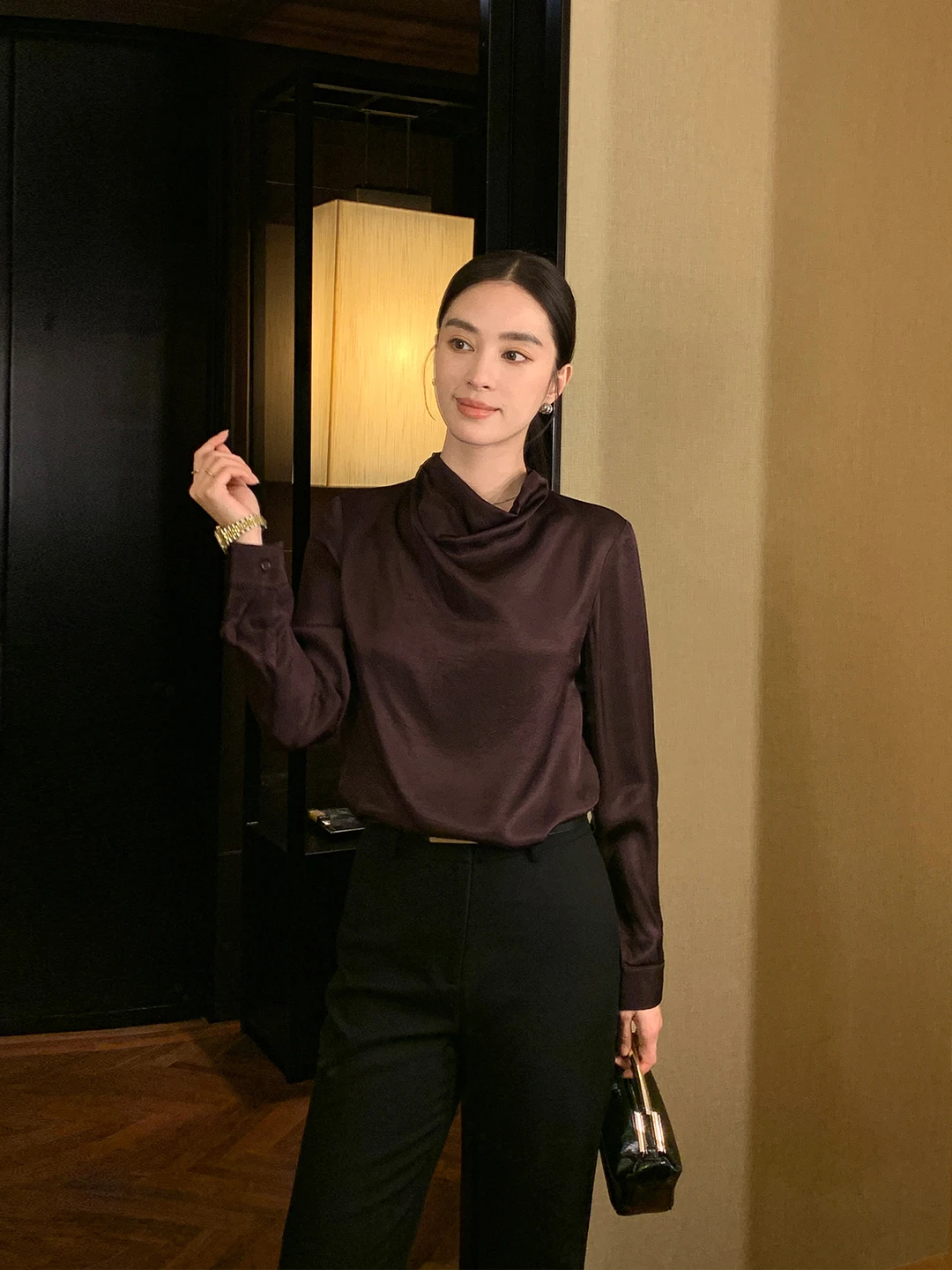 

Ele Acetate Collar Long Sve irt Women Loose Commute Dra Feel Casual Sle Faionable Office Wear Spring Autumn