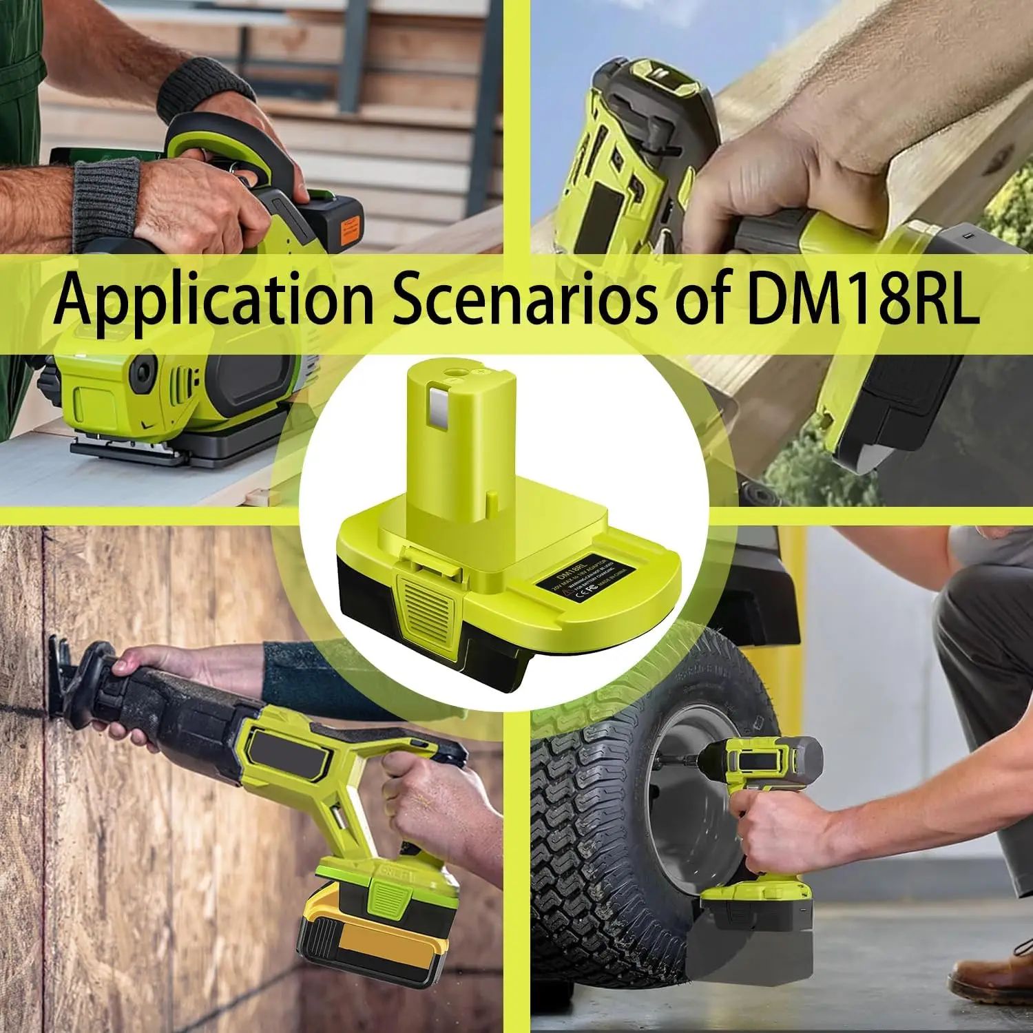 DM18RL Batterieadapter zur Umwandlung von Dewalt/Milwaukee 20V/18V Li-Ionen-Akkus in Ryobi 18V P108 ABP1801, USB-Anschluss, Schwarz/Grün – Detail 11