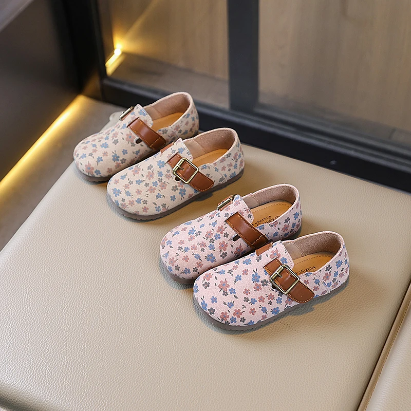 Kids Leather Shoe Soft Bottom Versatile Girls Princess Shoes Fashion Floral Pattern Children Causal Walking Flat Shoes Hook Loop