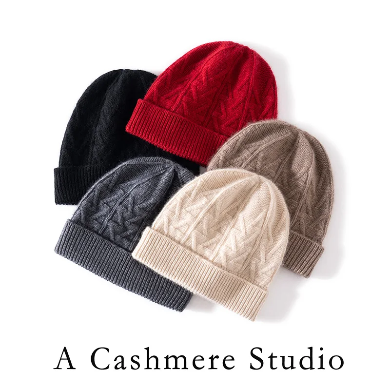 100% cashmere hat for men and women, twisted flower versatile casual hat, warm ear protection knitted hat, winter flip up hat
