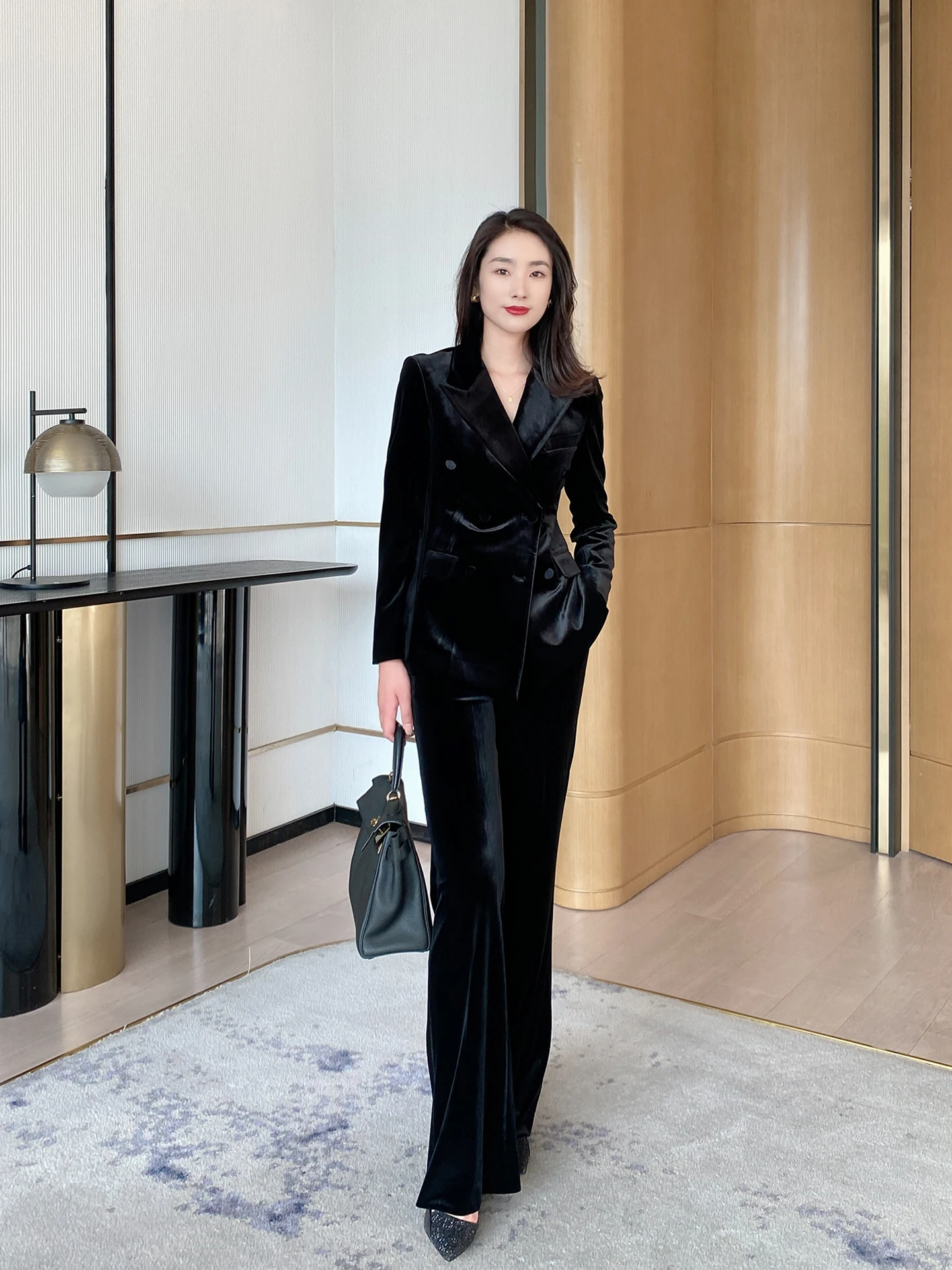 

Winter Thiened Gold Velvet Profional Suit Set Bla High-End Ele Tall Slimming Pants Businlike Sle Women's Wear