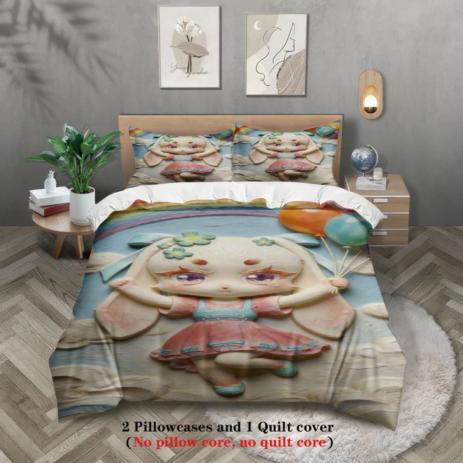 Softville Cozy Town 3PC Bedding Sets Lop Rabbit Twirling With Balloons Pint Duvet Cover No filling Cartoon Style Queen King Size