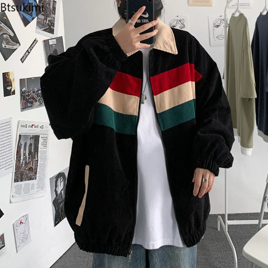Spring Autumn New Men's Corduroy Jackets Fashion Splice Contrast Color Design Korean Style Loose Casual Coats Men Bomber Jackets