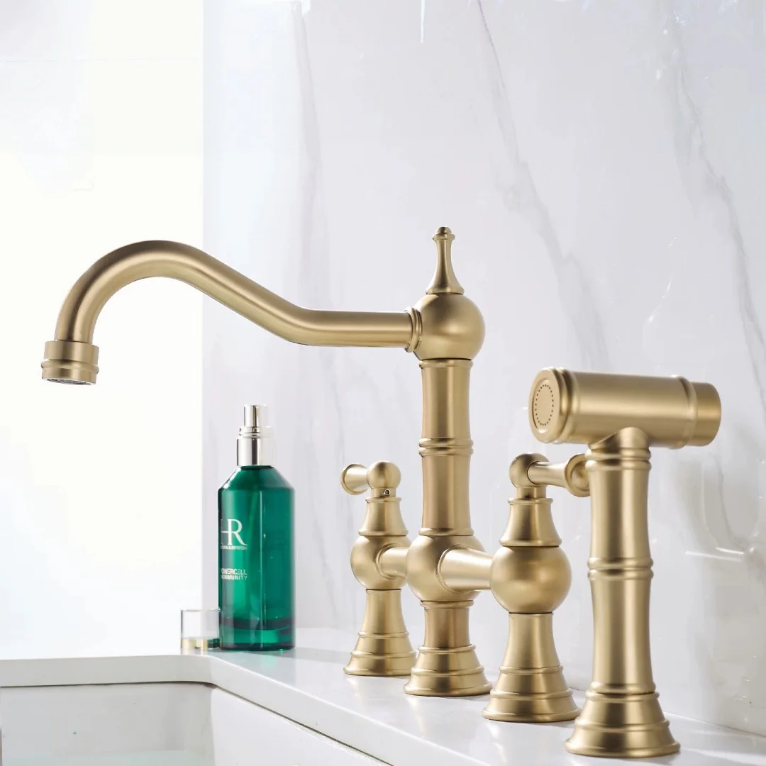 Antiker Bronze-Küchenhahn mit Handbrause, Schwarzer Topffüllhahn, Warm-Kalt-Wasserhahn mit gebürstetem Nickel-Auslauf, Messing