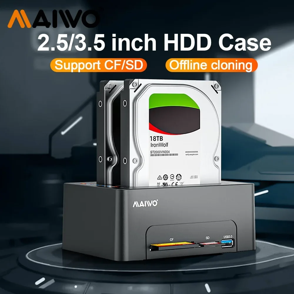 

MAIWO Dual-slot Hard Drive Expansion Dock with Offline Cloning, Suitable for 2.5/3.5-inch SATA HDD, Supports Reading CF&SD Cards