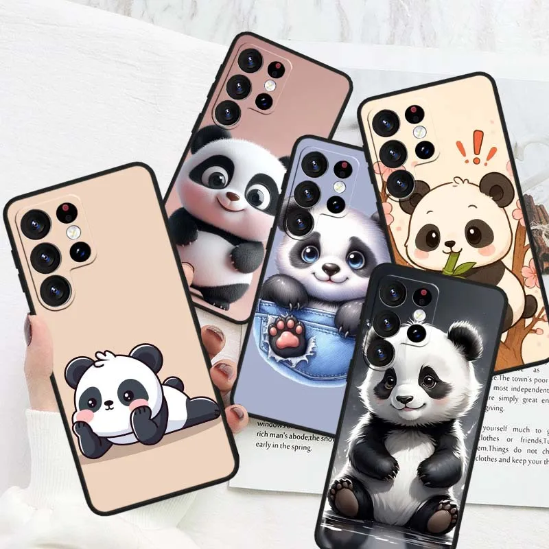 Cartoon Panda Character For Samsung Galaxy S26 S25 S24 Plus Ultra Lite Soft Black Straight Edge Phone Case Cover