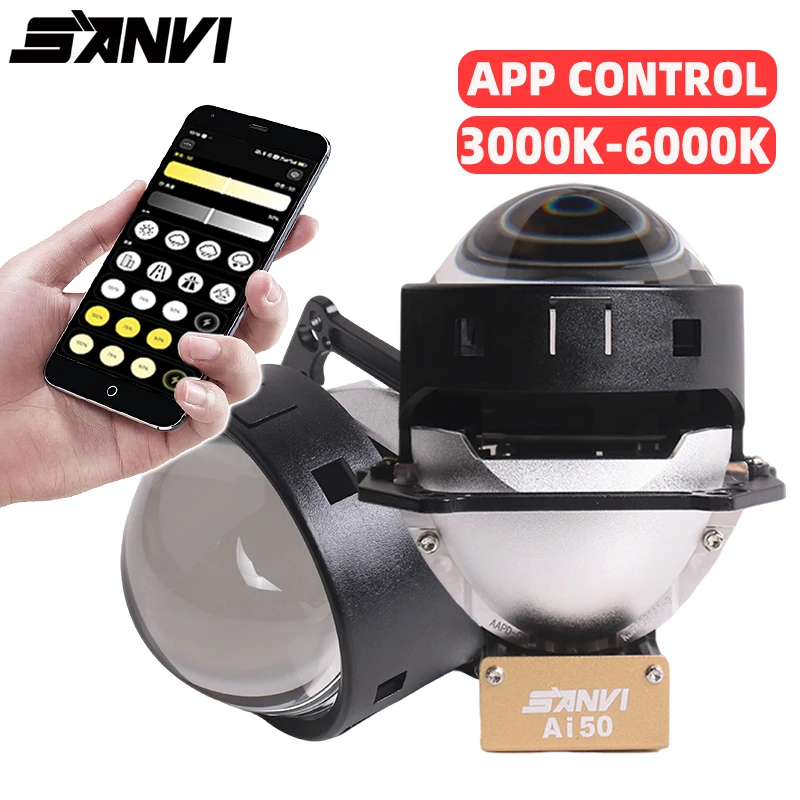 SANVI New Ai50 Smart Bi LED Projector Lense App Blutooth Control Color Temperature 3000k-6000k 60W 13500Lux LHD RHD LED Turning