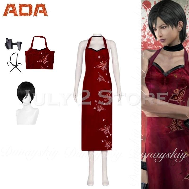 

The Resident Four Movie Ada Cosplay With The Red Suede Cheongsam And The Clear Short Black Wig Evil Cosplay Costume Full Of Suit