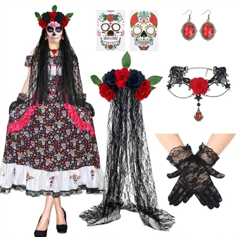 1 Set Day of the Dead Skull Temporary Tattoo Set with Rose Spider Web Lace Veil Headband for Halloween Party Costume Accessory