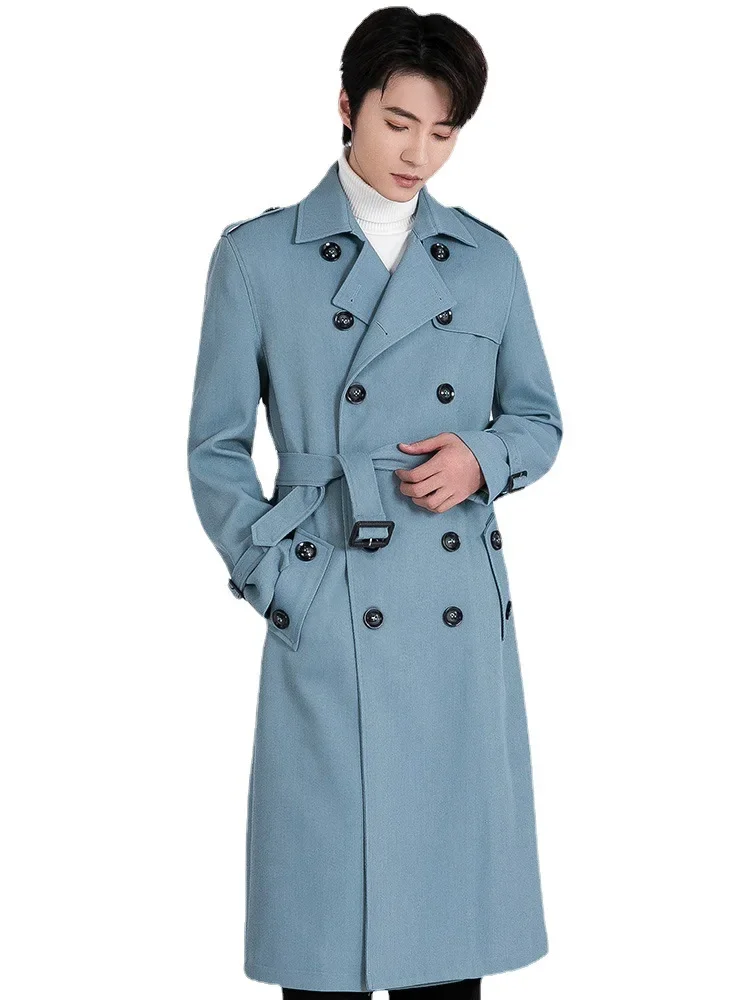 

2025 Autumn Winter Men Trench Coat British Style Double breasted Long Windbreaker Warm Outwear Denim Jacket With belt