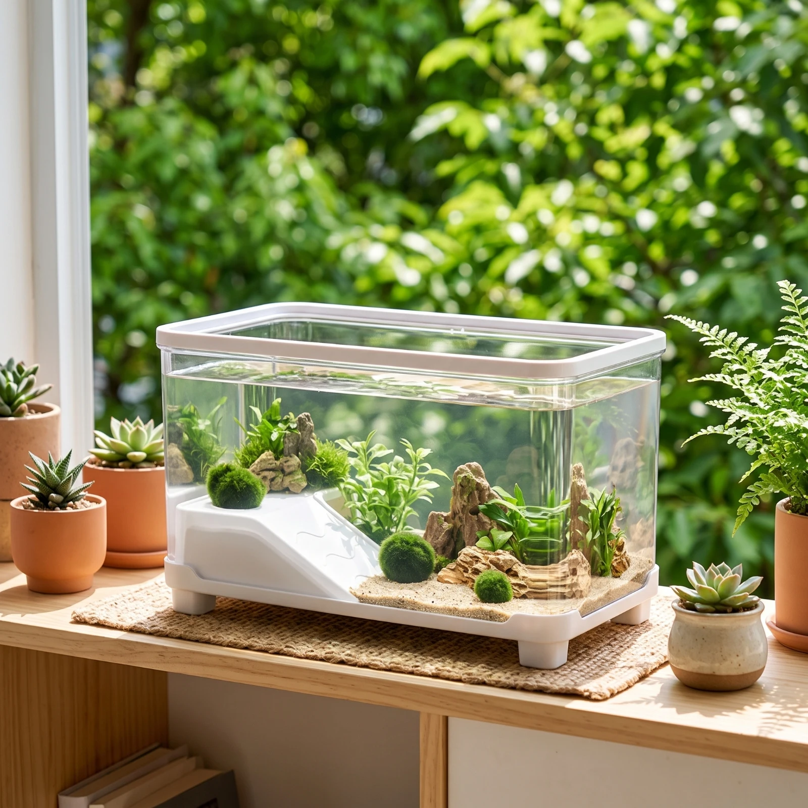 Turtle Tank with Basking Platform Transparent Turtle Aquarium with Ramp Reptile Basking Platform Rectangular Easy to Clean