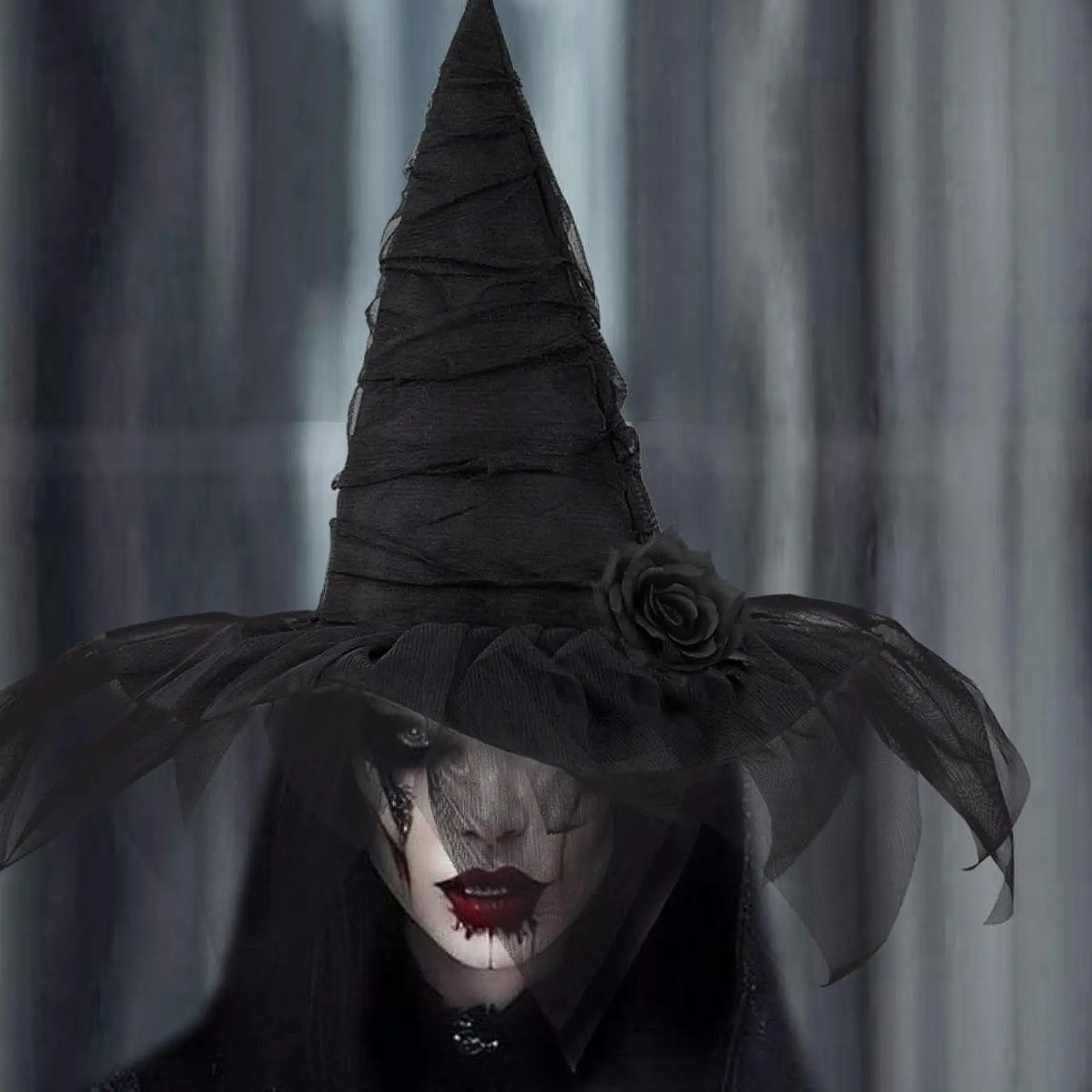 

Halloween Witch Hat with Mesh Attached with Flowers Gothic Witch Costume Hat