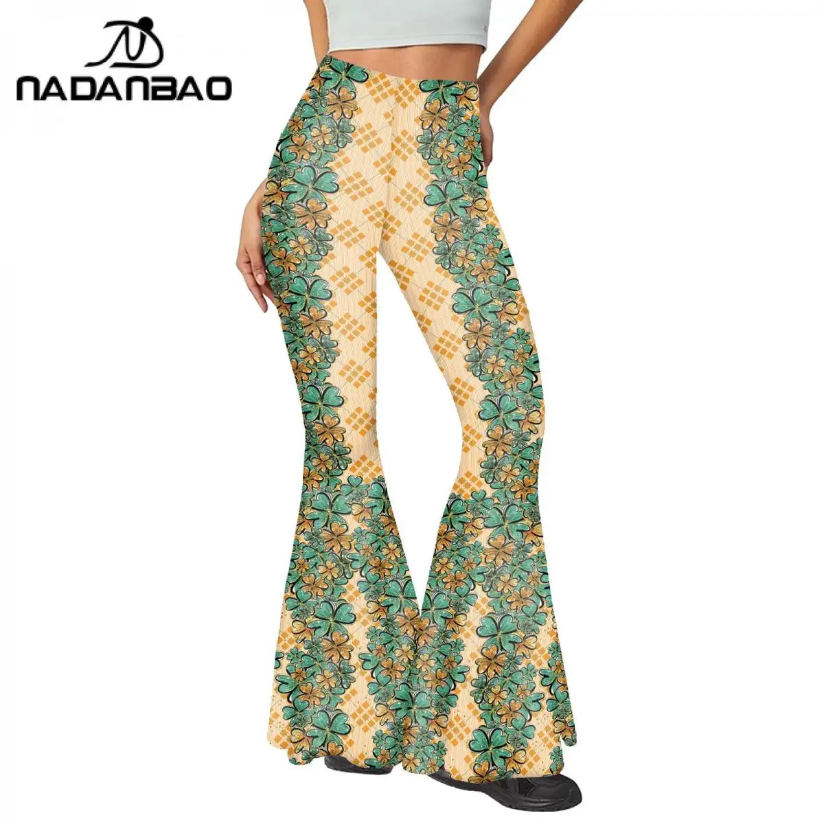 

NADANBAO St. Patrick's Day Flare Pants Women Holiday Party Trousers Clover 3D Printed Pants Green Sexy Slim Streetwear Bottom