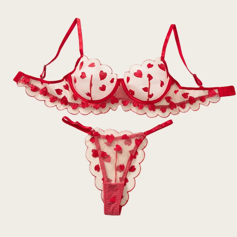

Women's Lingerie Sets Red Heart Embroidery Mesh Underwear Valentine Girl Intimate Bra Set Ultra Thin See Through Sexy Lingerie
