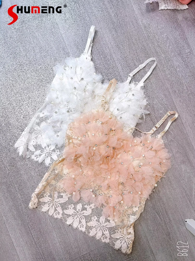 

Beauty Back Suspender Underwear Tops Women's 2025 Summer New Fashion Vests Three-dimensional Flower Bead Beauty Back Trendy Tops