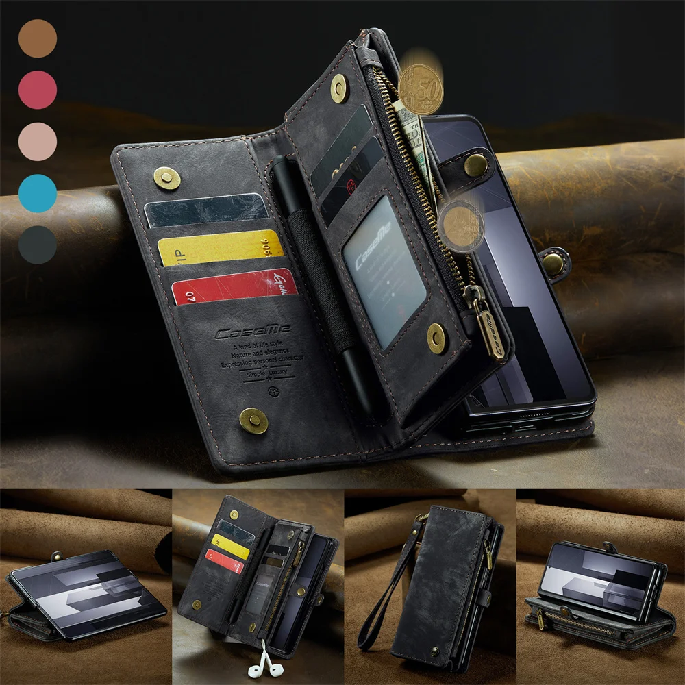 Case for Samsung Galaxy Z Fold 6 5 4 Wallet with Card Holder Zipper Strap PU Leather Flip with Pen Holder Slot RFID Block Cover