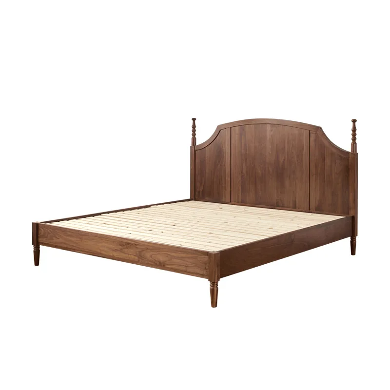 

North American black walnut retro French bed, Nordic solid wood double bed, simple Japanese cherry wood master bedroom log bed