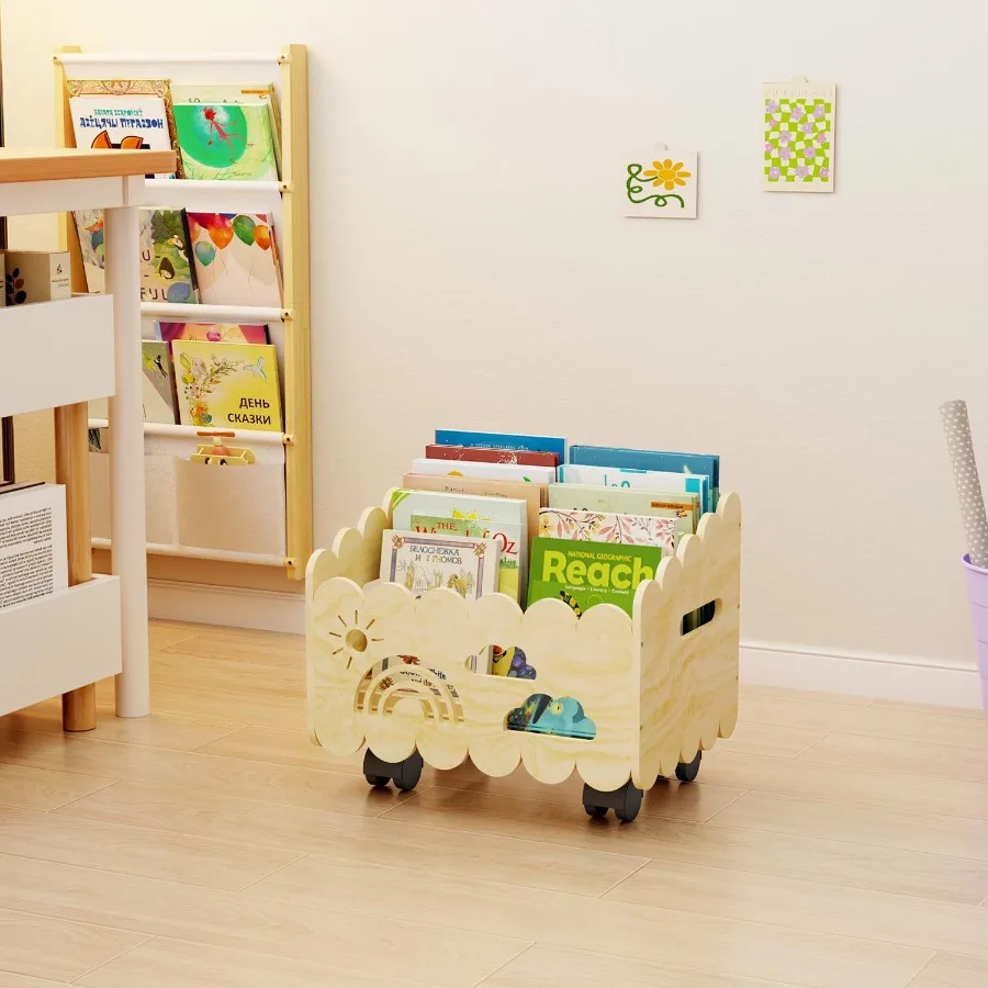 Estante de madeira Montessori com 2 divisórias ajustáveis e 4 rodas para uso em quartos, berçário e configurações de sala de aula Ide
