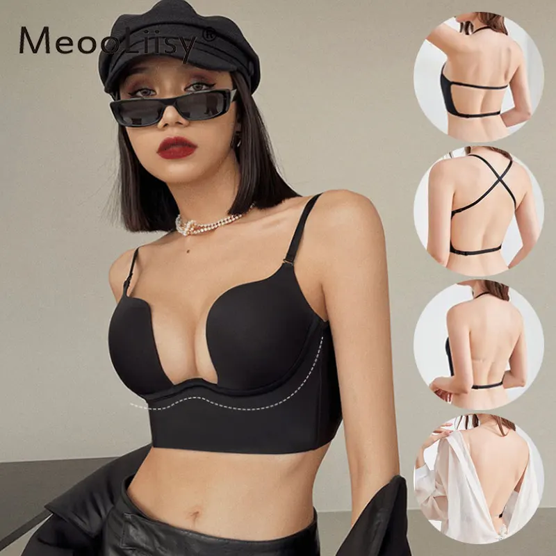 

MeooLiisy Fashion Backless Bra Women Invisible Push Up Lingerie Underwire Seamless Deep U Sexy Plunge Brassiere Beauty Back