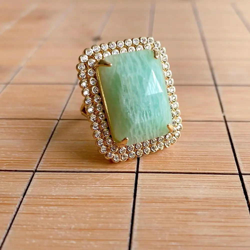 KKGEM  22x26mm Natural Amazonite Rectangle Cz Pave gold plated adjustable Ring