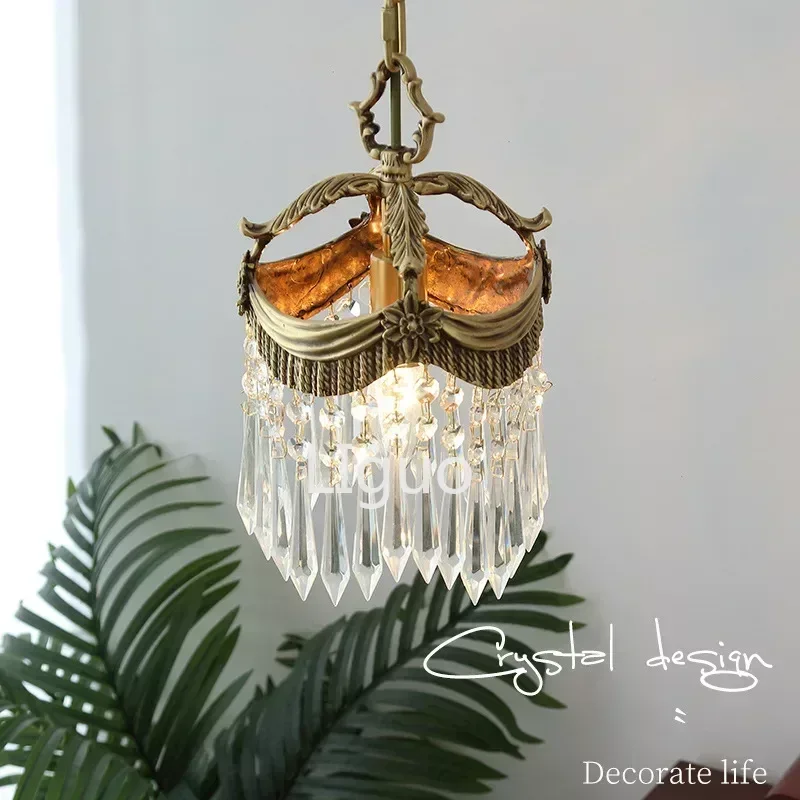 

French Style Copper Hallway Bedroom Crystal Chandelier Mild Luxury Retro Cloakroom Bedside Small Droplight