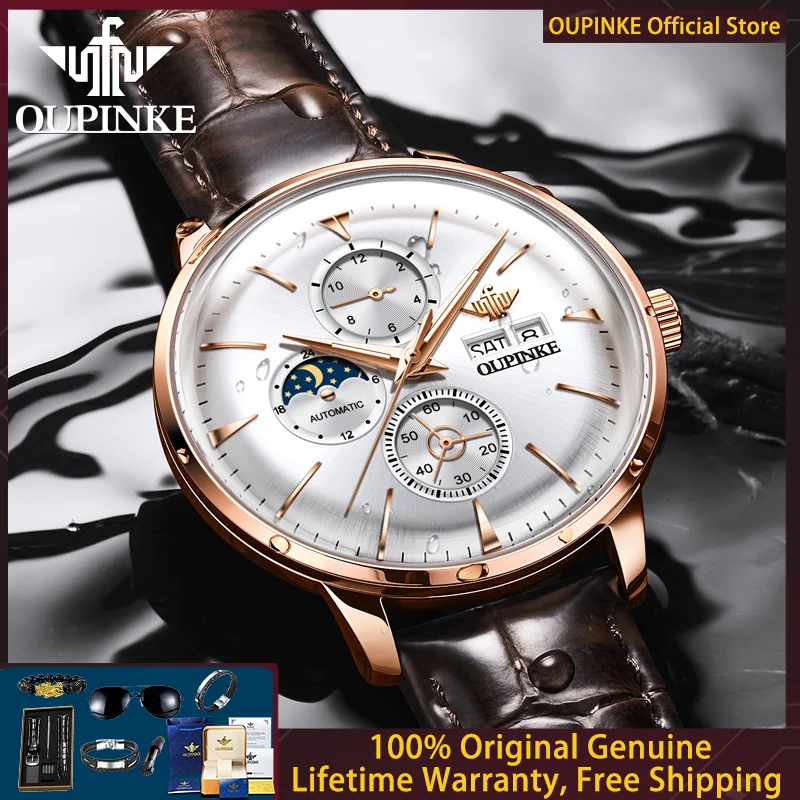 

OUPINKE 3309 Men Watch Luxury Original Fully Automatic Mechanical Watch Men Business Dual Calendar Moon Phase Waterproof Watch