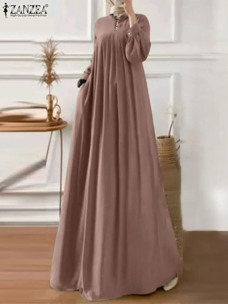 

ZANZEA Women Elegant Muslim Dress O-Neck Long Sleeve Robe Fashion Solid Loose Maxi Dresses Casual Party Sundress Vestidos Abaya