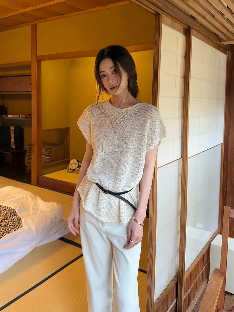 

Женский повседневный вязаный топ SMOL Lazy Holiday Design с вырезами, коротким рукавом, поясом и свободным кроем из льняной смеси